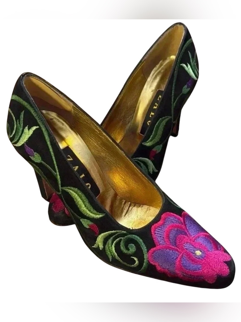 Gorgeous Zalo Floral Embroidered black suede pumps